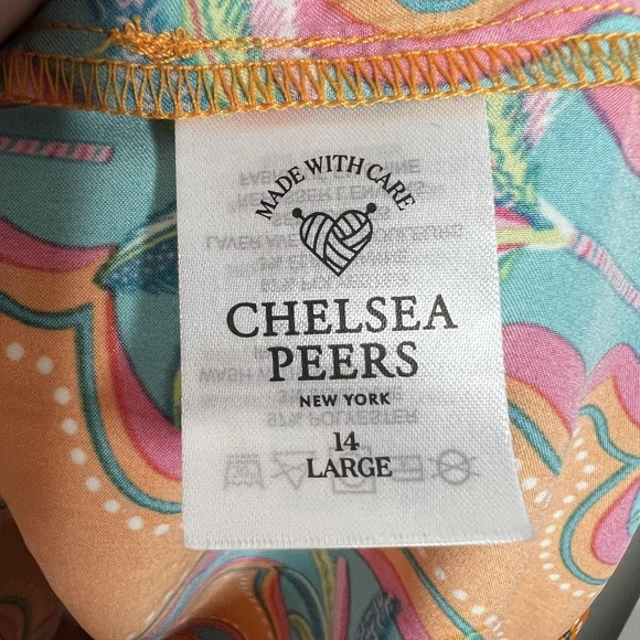 Chelsea Peers Pajama Set Womens Large 14 Orange Tropical Satin 2 Piece Wrap Top - Picture 6 of 16